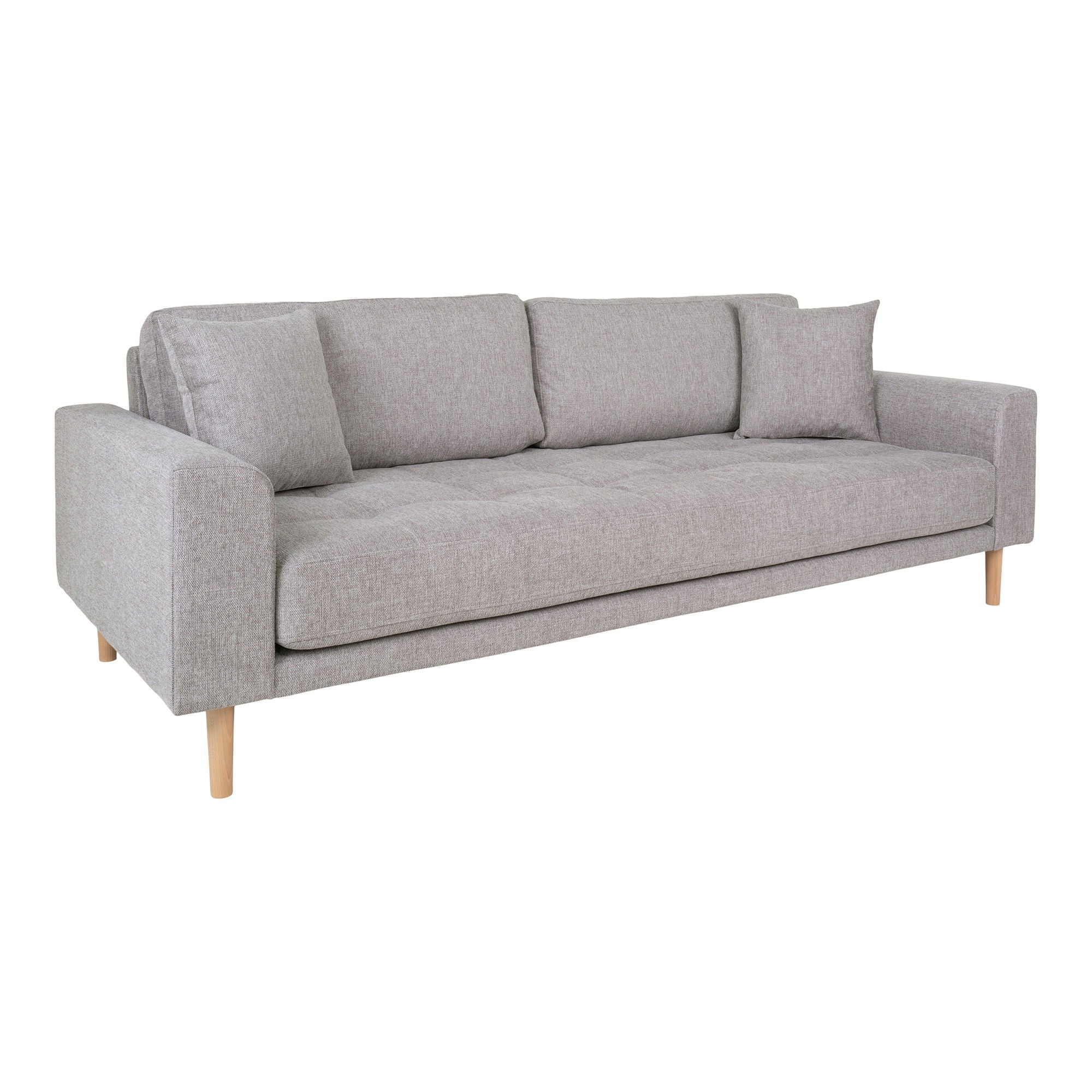 light gray with two cushions and natural wooden legs