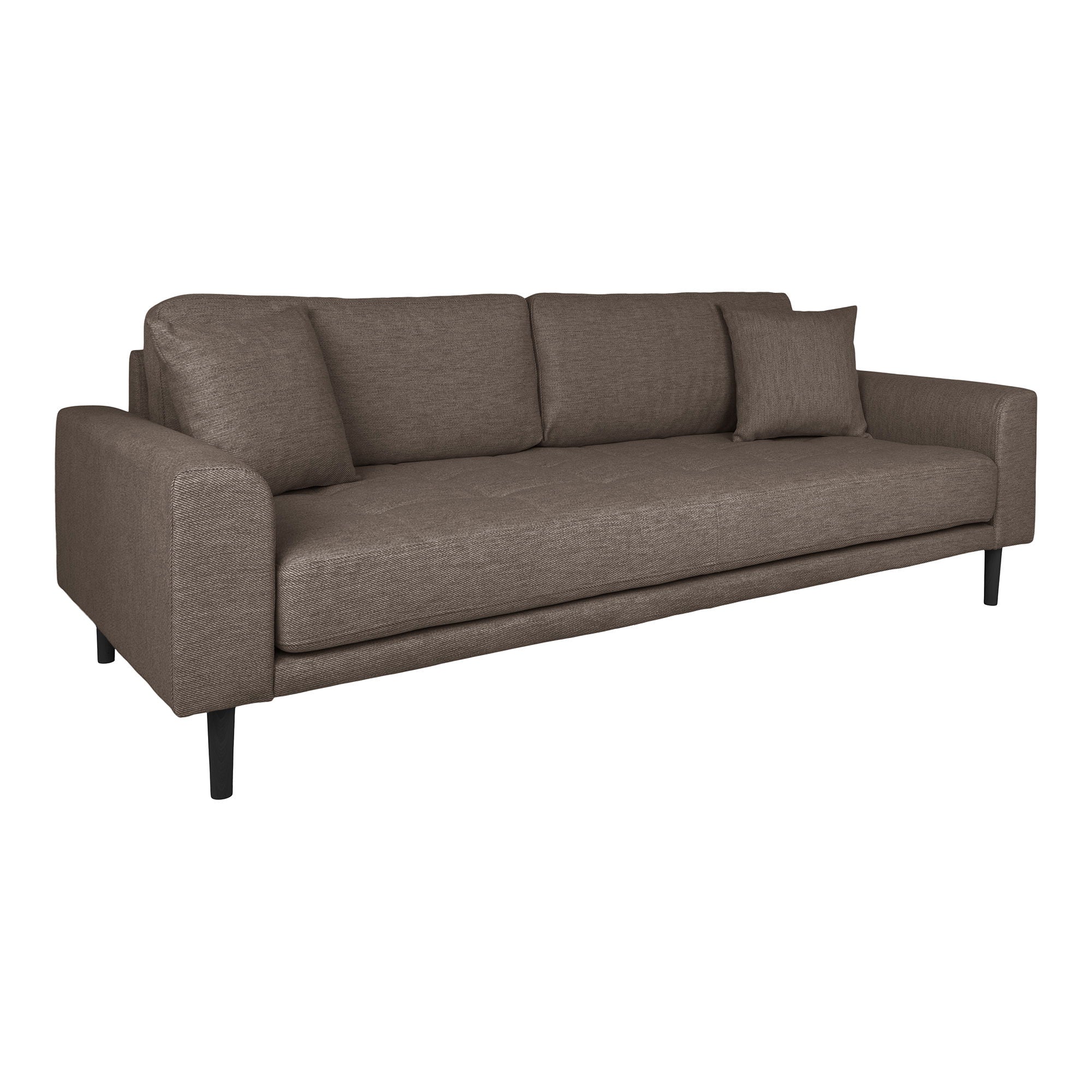 brown with two cushions and black wooden legs