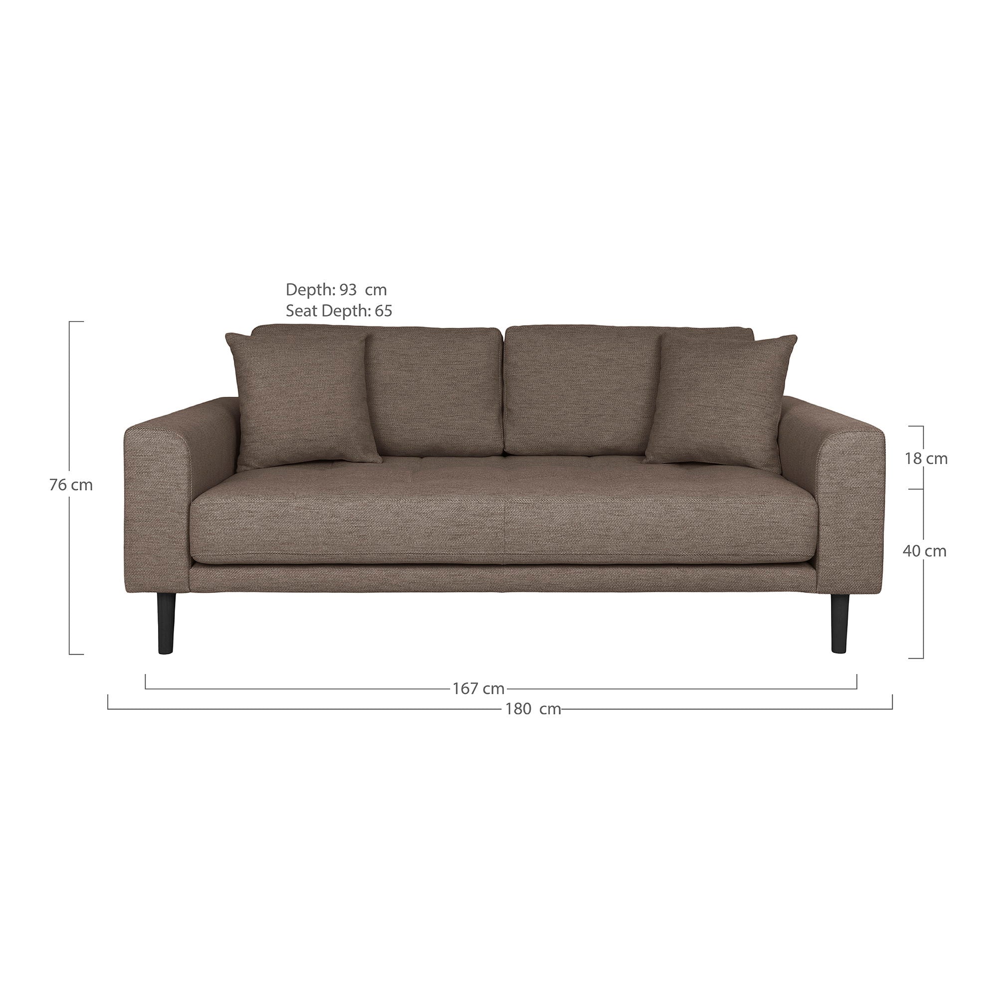 brown with two cushions and black wooden legs