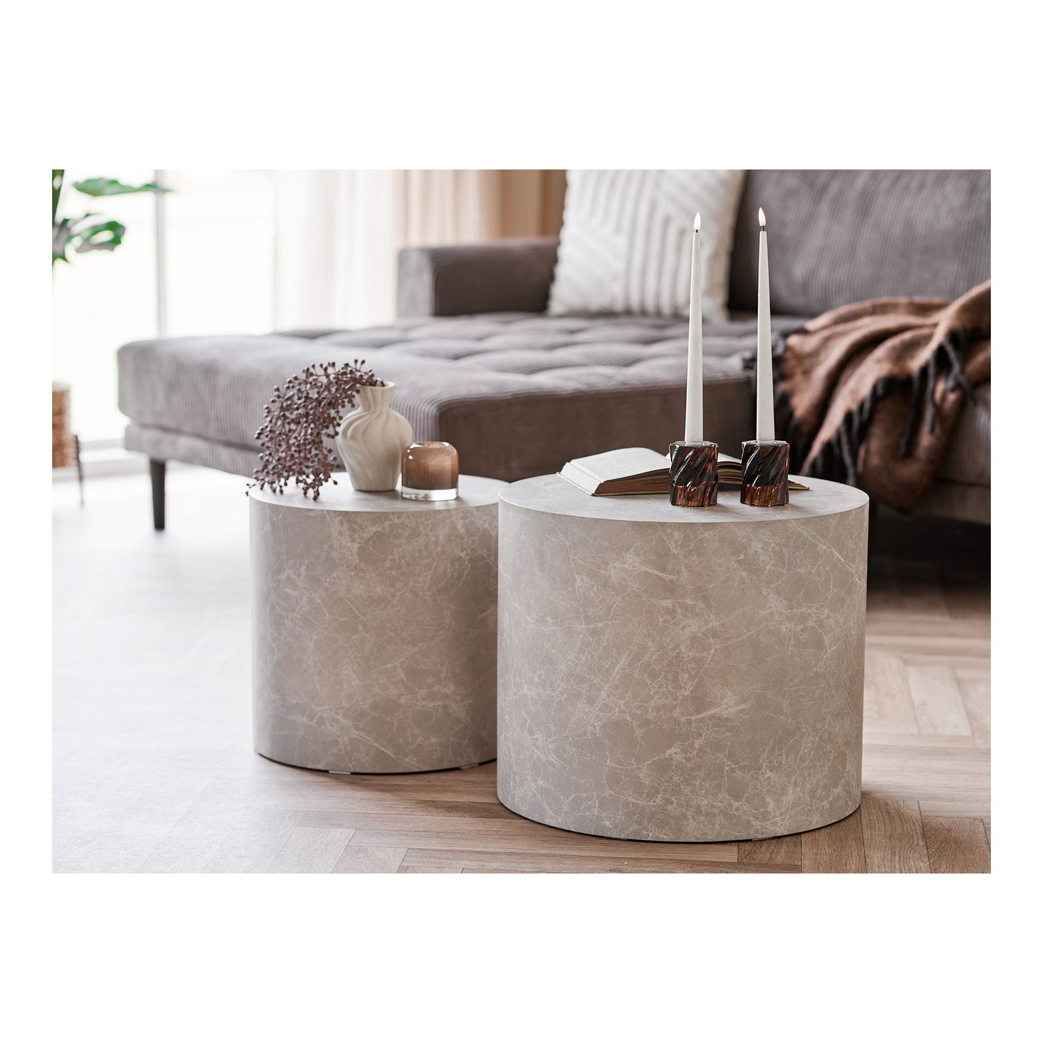 Prague Coffee table - Coffee table, marble look, round, beige set of 2