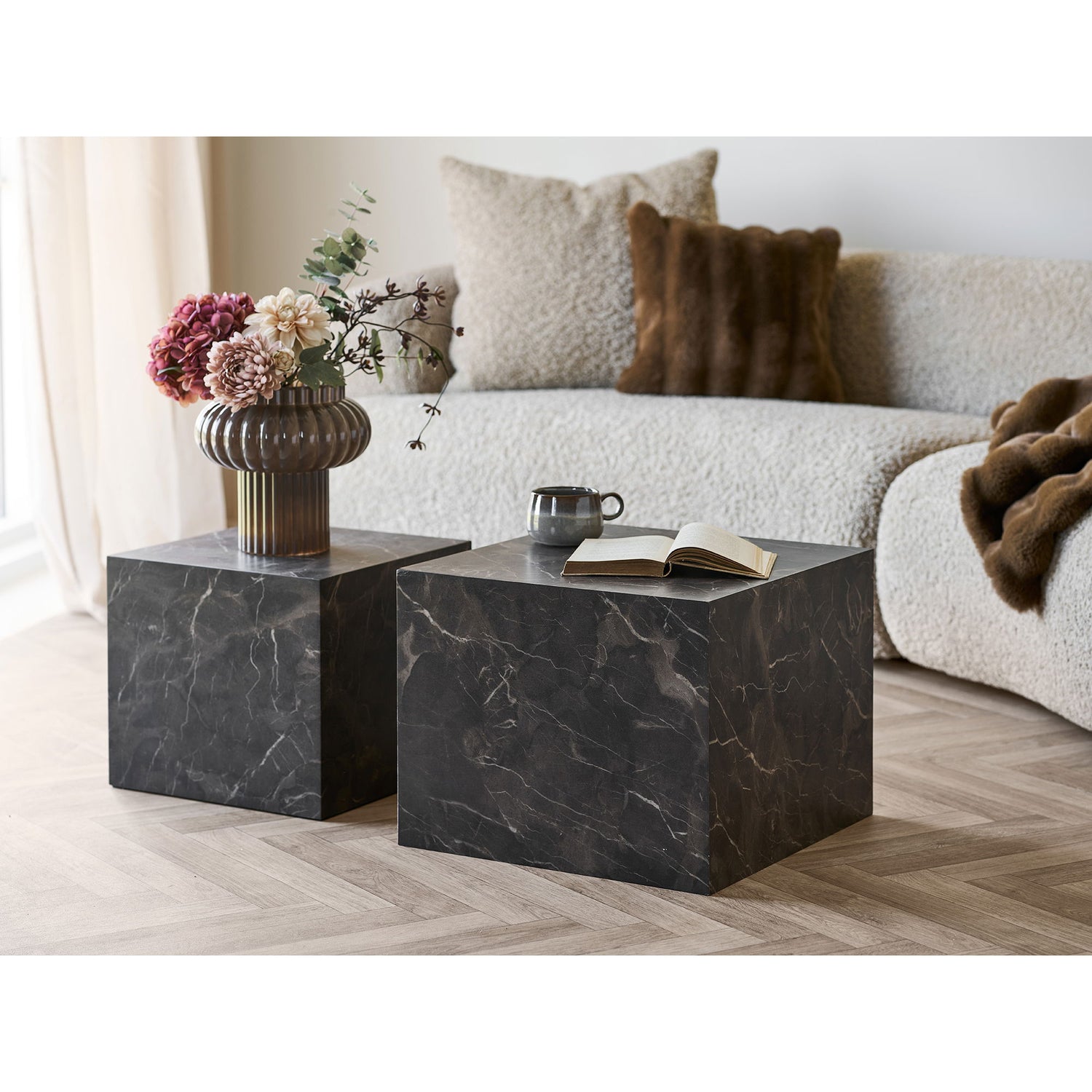 Prague Coffee table - Coffee table, marble look, brown set of 2