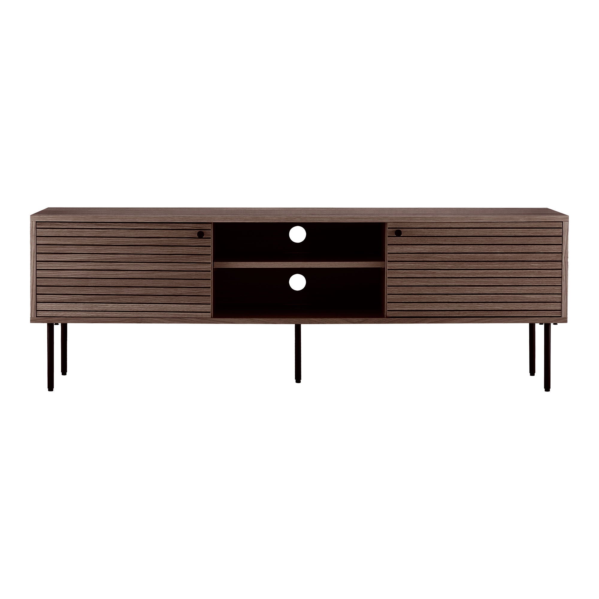 TV bench, 2 doors, 2 shelves, oak veneer, smoked, black metal legs 150x40x50 cm