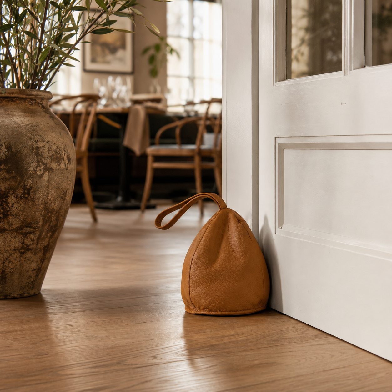 Door stopper in leather - drop-shaped model