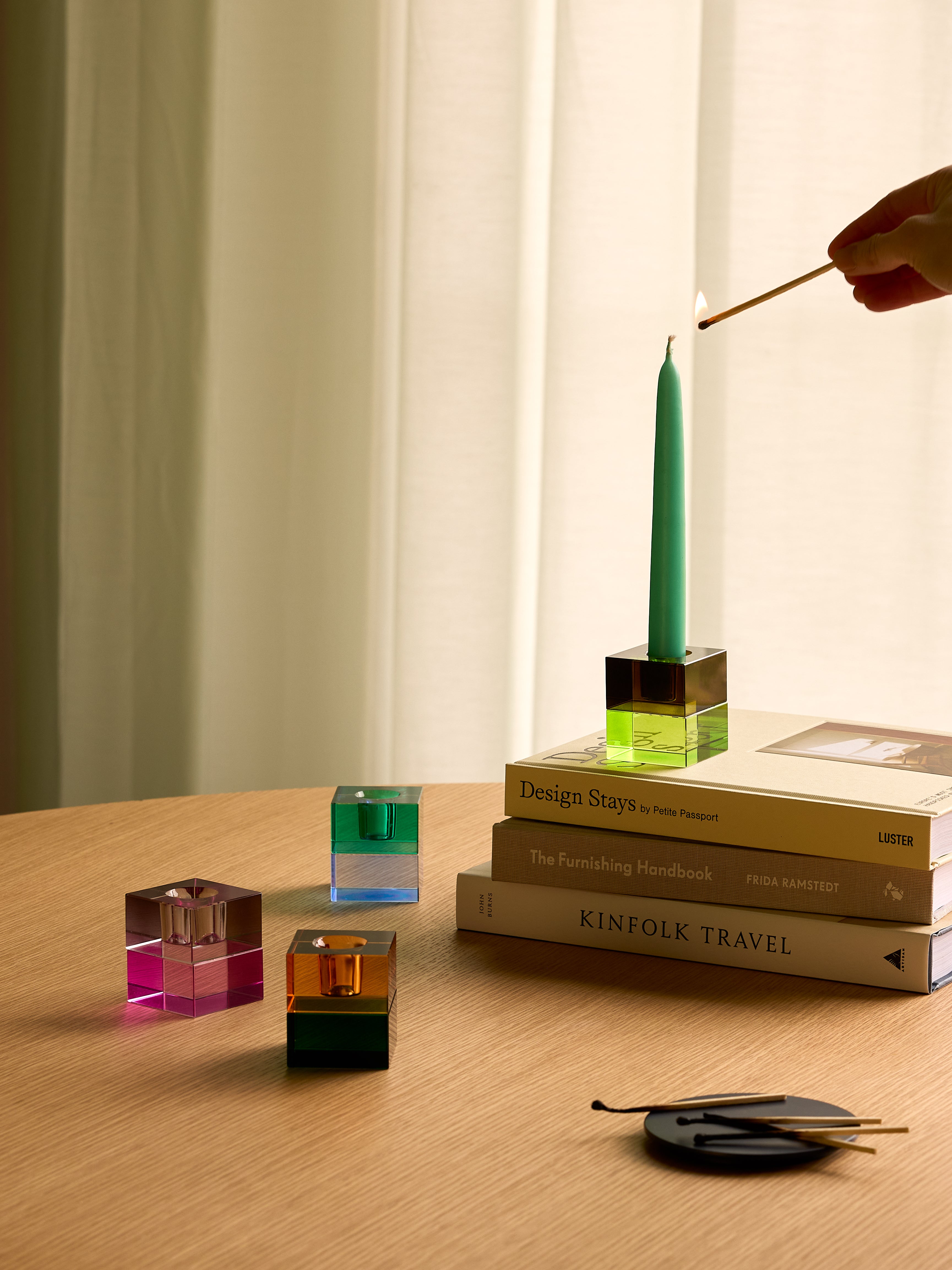 Block Candlesticks Brown/Green & Grey/Pink (set of 2) - 5x5h6cm