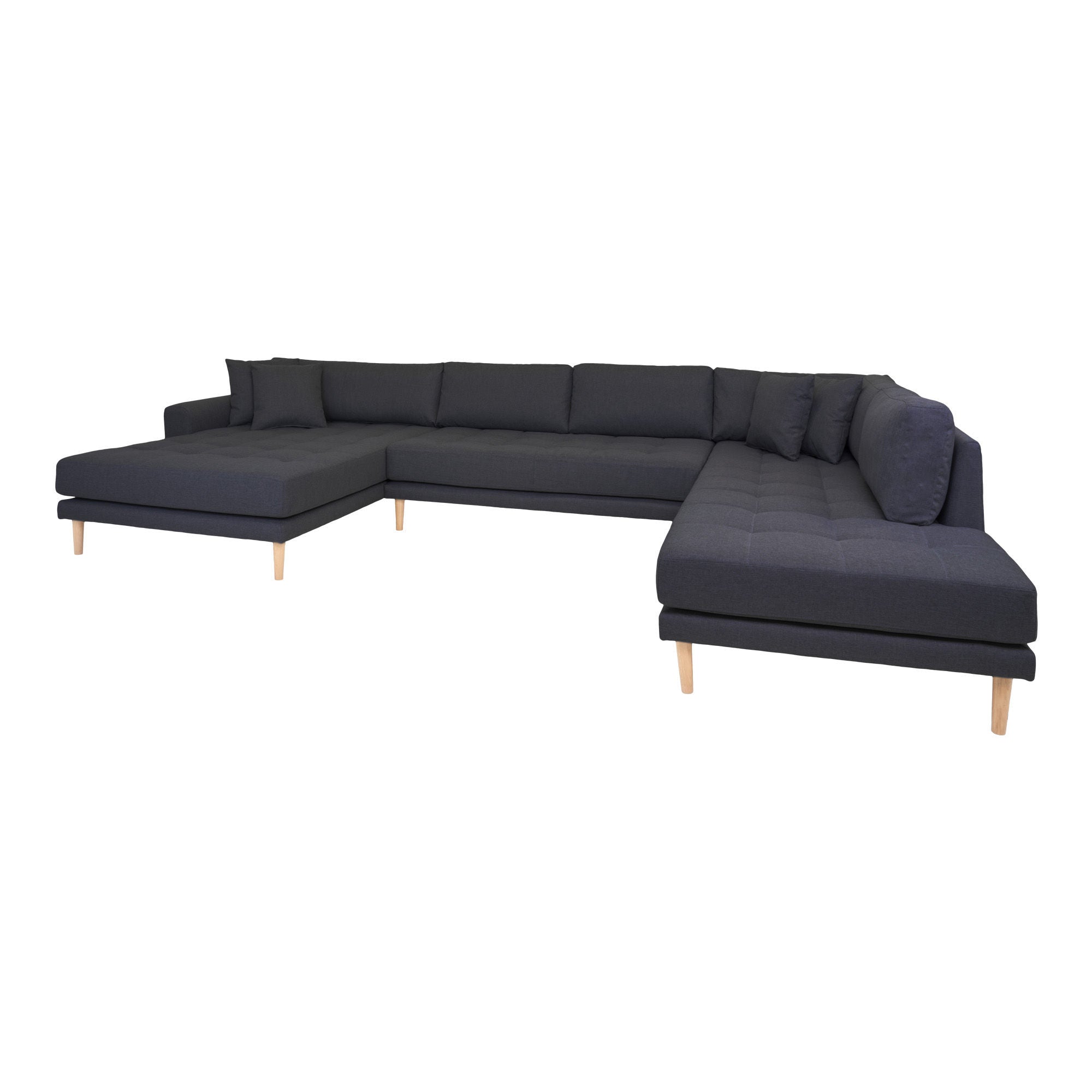 Lido U-Sofa Open End-U-sofa Open End, left-wing in dark gray with four pillows and nature wooden legs, HN1002