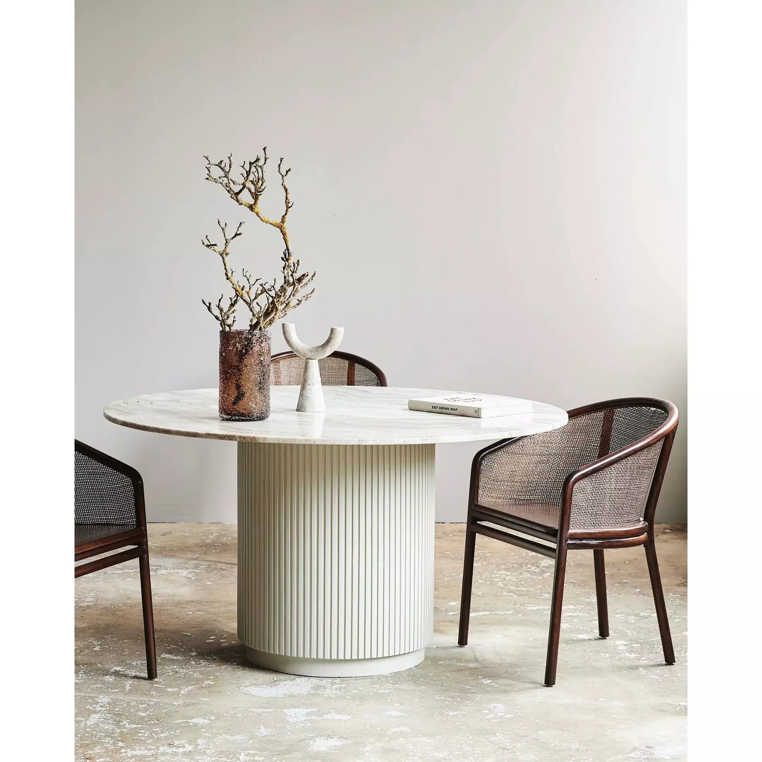 Erie round dining table in wood and marble - Ø140 cm - raw white, brown, beige
