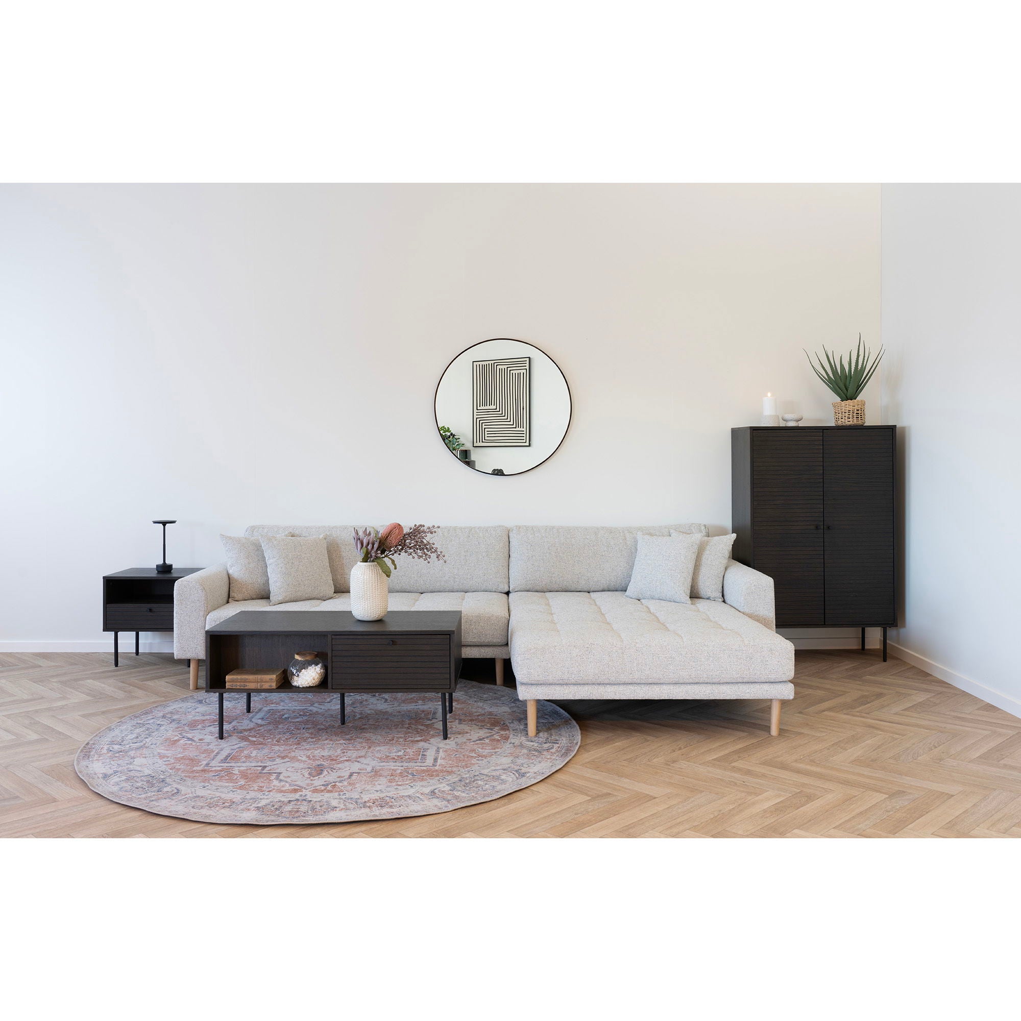 Lido Lounge Sofa - Lounge sofa, right -wing in beige meltered with four pillows and nature wooden legs, HN1015