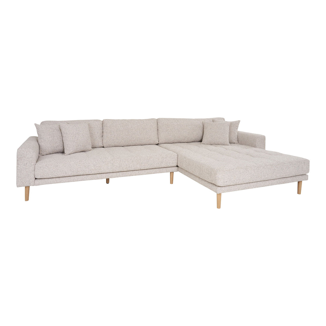 Lido Lounge Sofa - Lounge sofa, right -wing in beige meltered with four pillows and nature wooden legs, HN1015