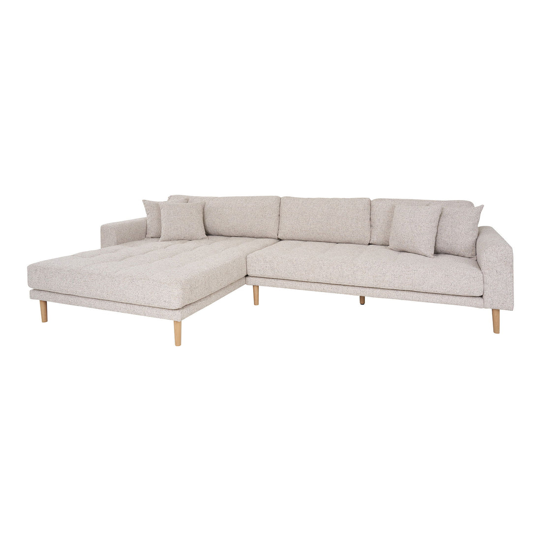 Lido Lounge Sofa - Lounge Sofa, Left in beige Melet with four pillows and nature wooden legs, HN1015