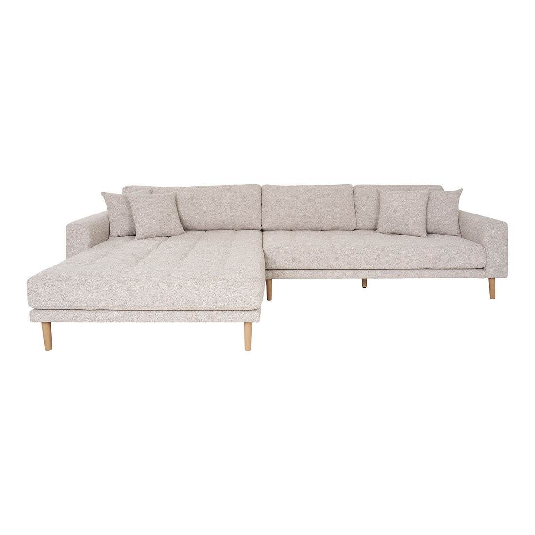 Lido Lounge Sofa - Lounge Sofa, Left in beige Melet with four pillows and nature wooden legs, HN1015