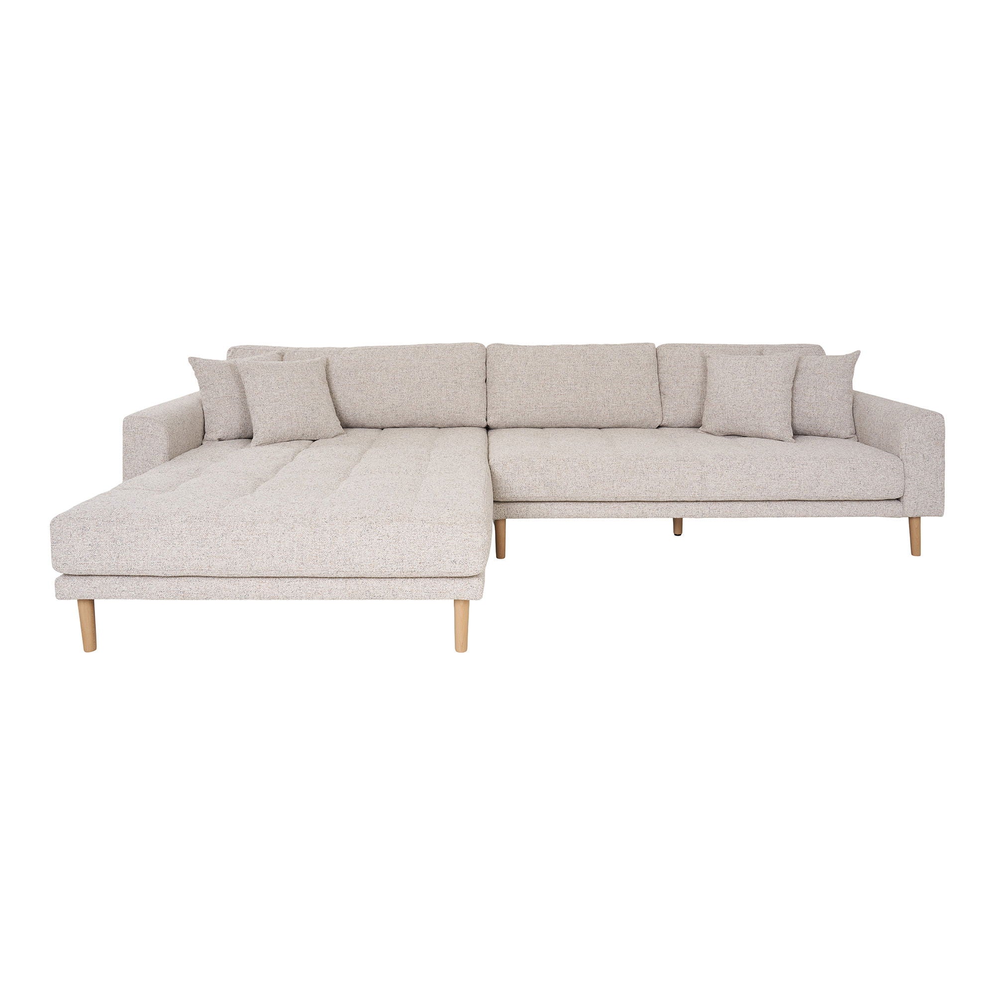 Lido Lounge Sofa - Lounge Sofa, Left in beige Melet with four pillows and nature wooden legs, HN1015