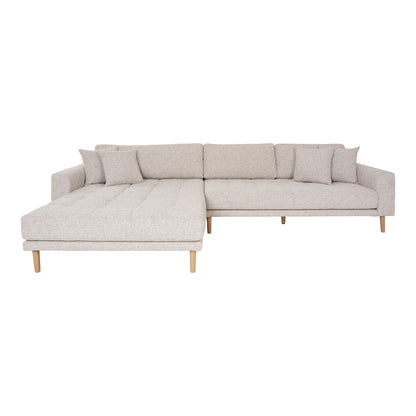 Lido Lounge Sofa - Lounge Sofa, Left in beige Melet with four pillows and nature wooden legs, HN1015