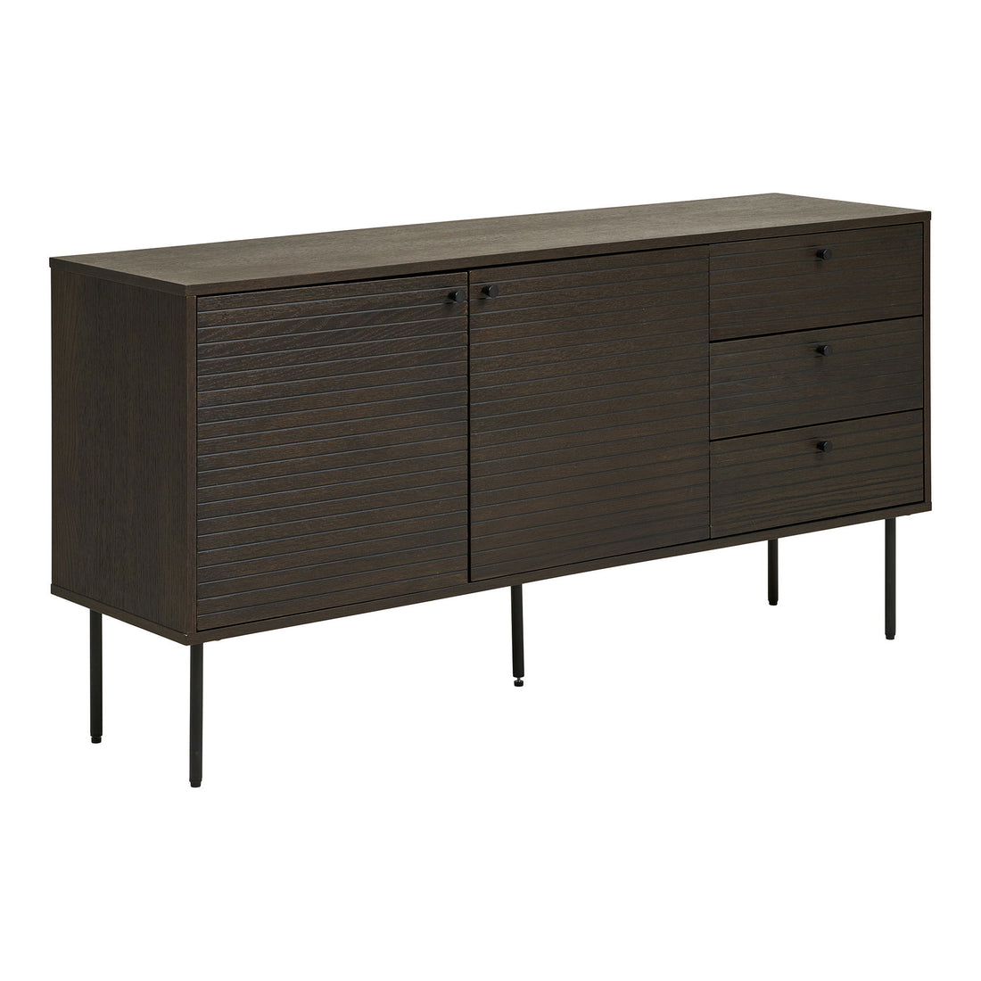 Kyoto sideboard - sideboard, 3 drawers, 2 doors, oak veneer, smoked, black metal legs, 150x40x74 cm