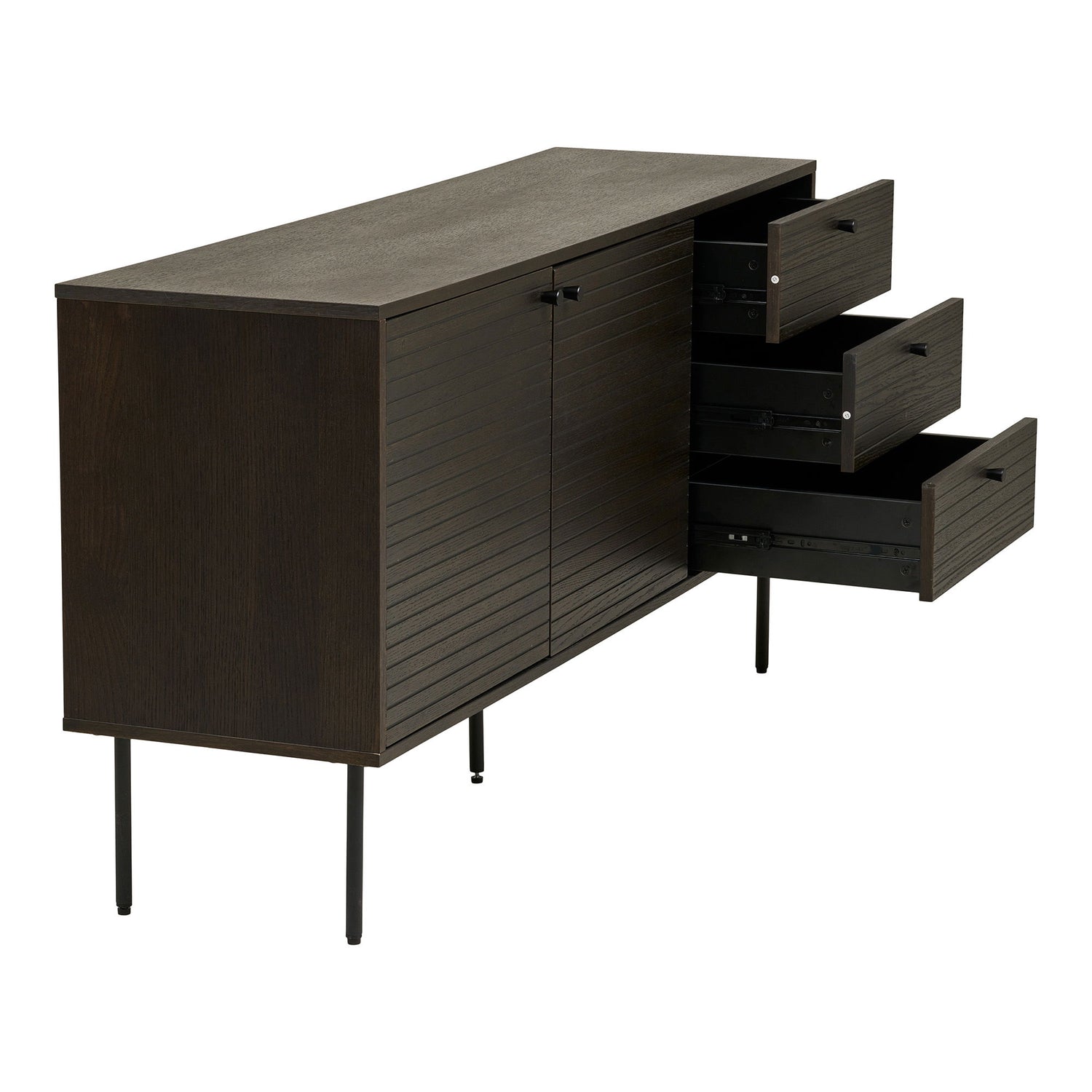 Kyoto sideboard - sideboard, 3 drawers, 2 doors, oak veneer, smoked, black metal legs, 150x40x74 cm