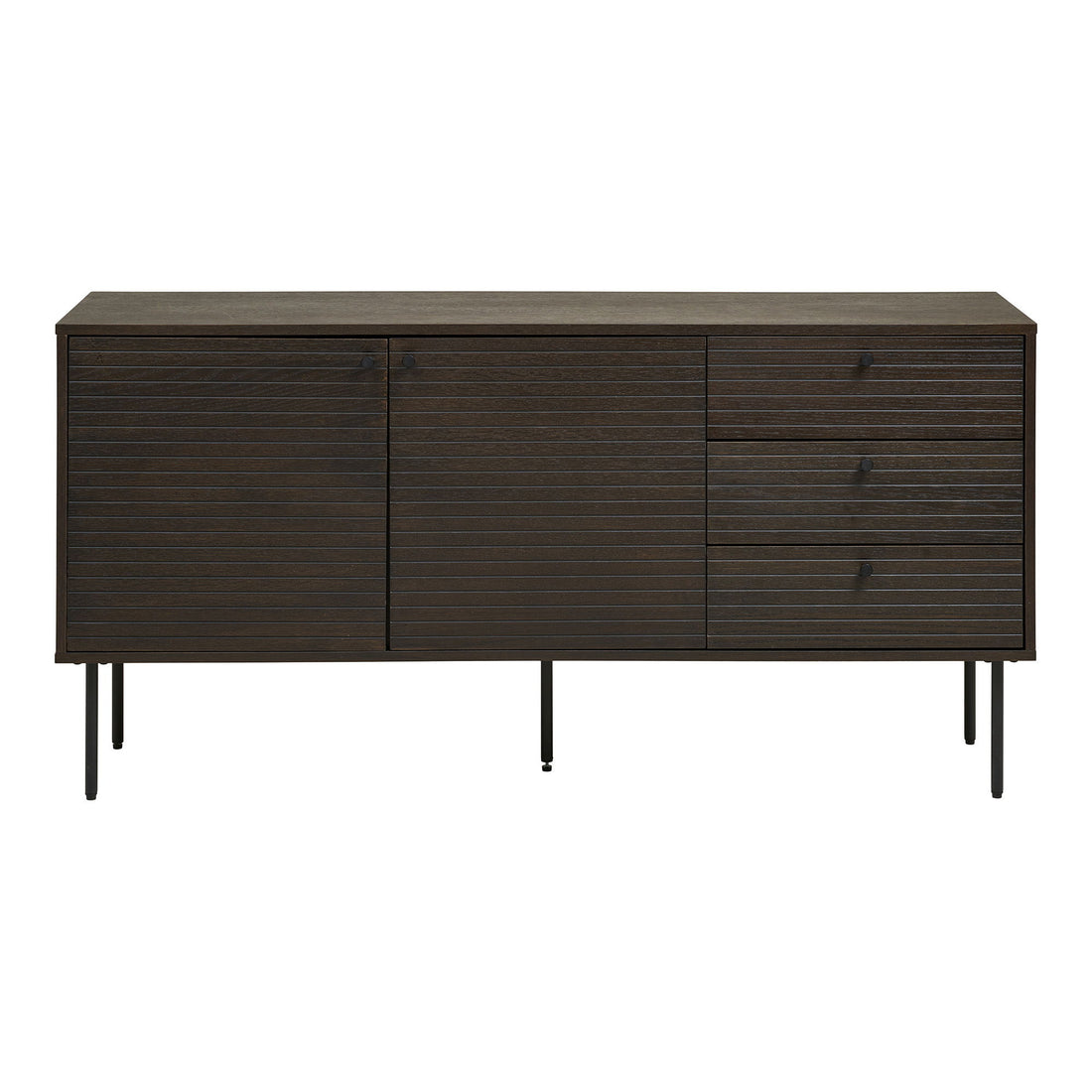 Kyoto sideboard - sideboard, 3 drawers, 2 doors, oak veneer, smoked, black metal legs, 150x40x74 cm