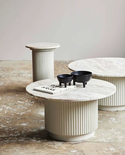 Erie round coffee table in wood and marble - Ø90 cm - raw white, brown, beige