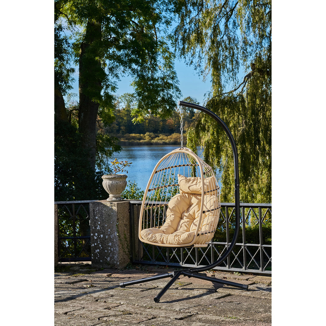Hanging chair, steel stand, foldable seat, incl. Cushions, nature/black 195x117x107 cm
