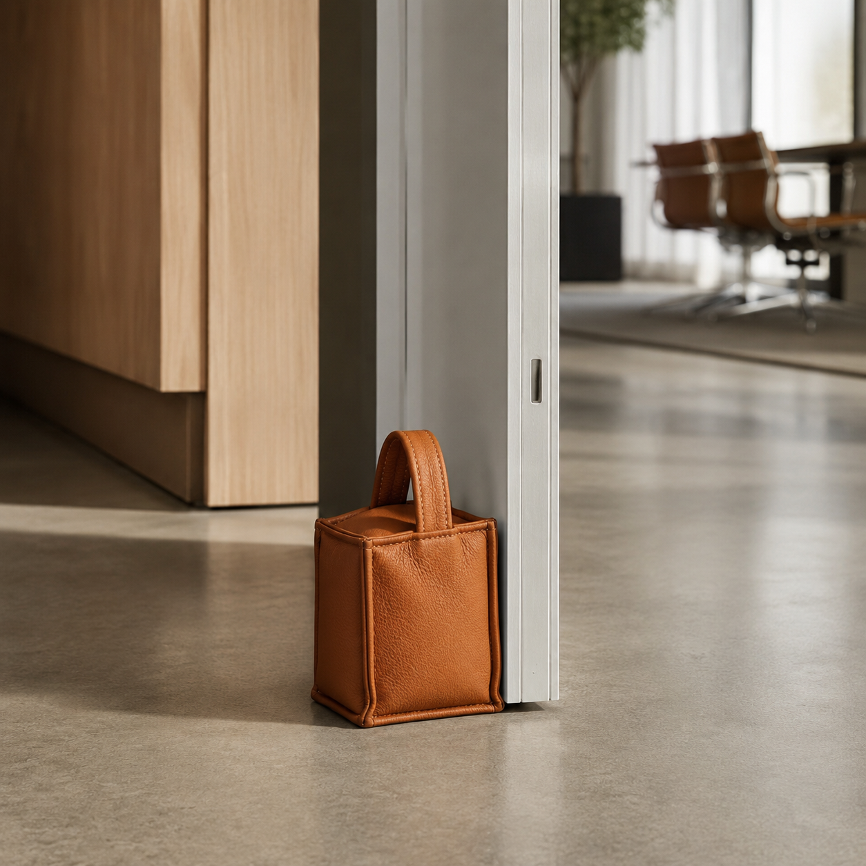 Door stopper in leather - square model cognac