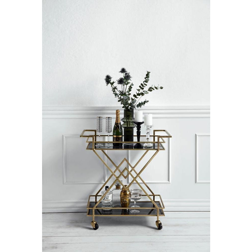 Nordal TROLLEY roller table in iron - 44x76 cm - gold/black glass