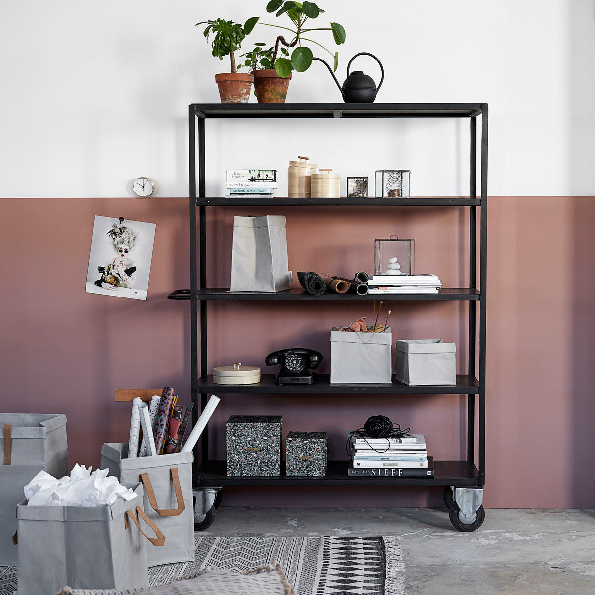 House Doctor - Shelf with 4 Wheels, Black - L: 130 cm, W: 40 cm, H: 175 cm