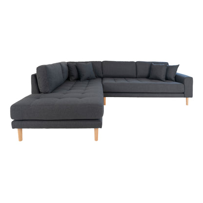 Lido Corner sofa Open End - Corner sofa Open End, left -wing in dark gray with four pillows and nature wooden legs, HN1002