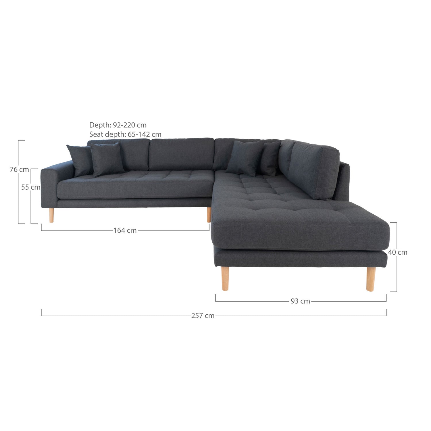 Lido Corner sofa Open End - Corner sofa Open End, right -wing in dark gray with four pillows and nature wooden legs, HN1002
