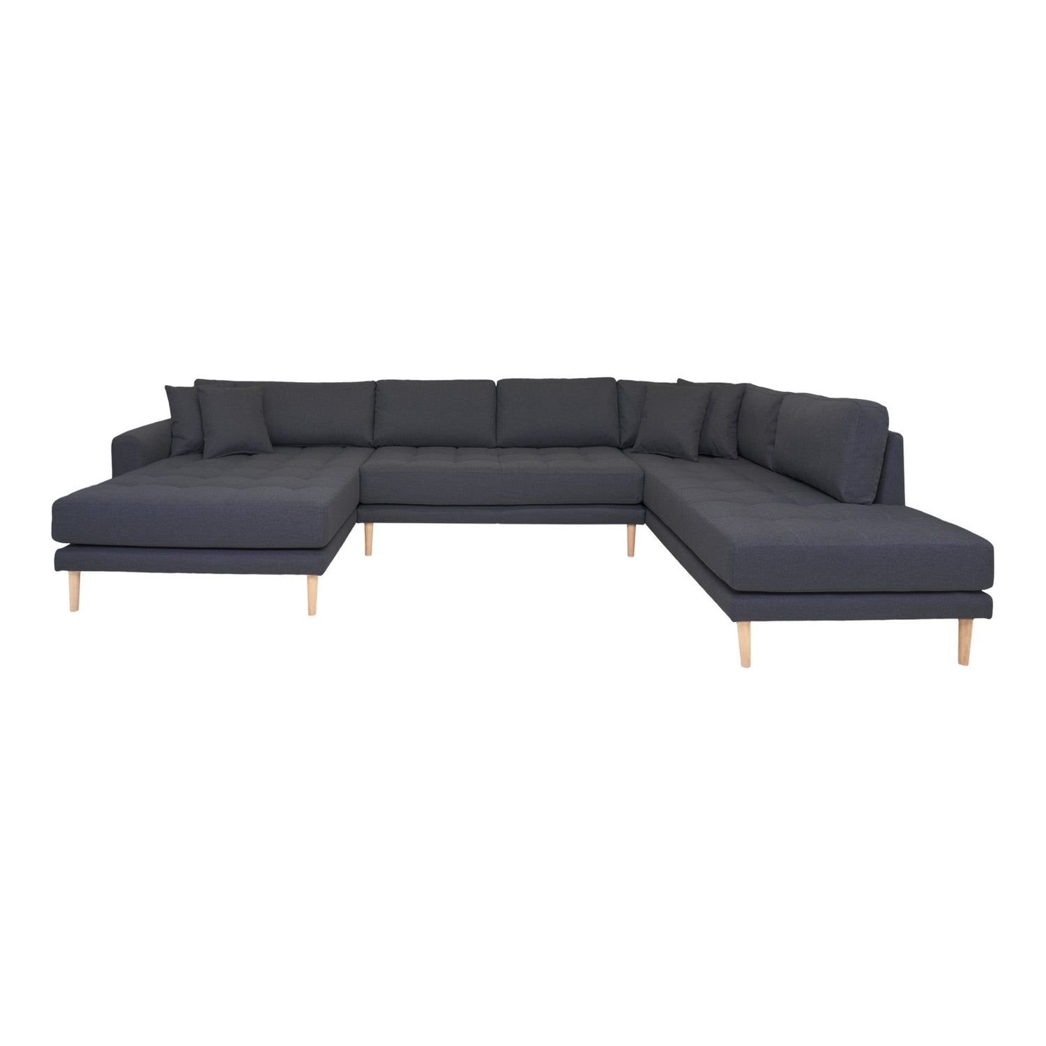 Lido U-Sofa Open End-U-sofa Open End, left-wing in dark gray with four pillows and nature wooden legs, HN1002