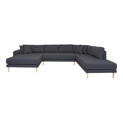 Lido U-Sofa Open End-U-sofa Open End, left-wing in dark gray with four pillows and nature wooden legs, HN1002