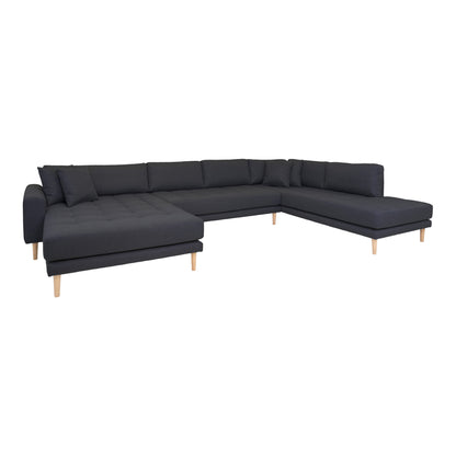 Lido U-Sofa Open End-U-sofa Open End, left-wing in dark gray with four pillows and nature wooden legs, HN1002