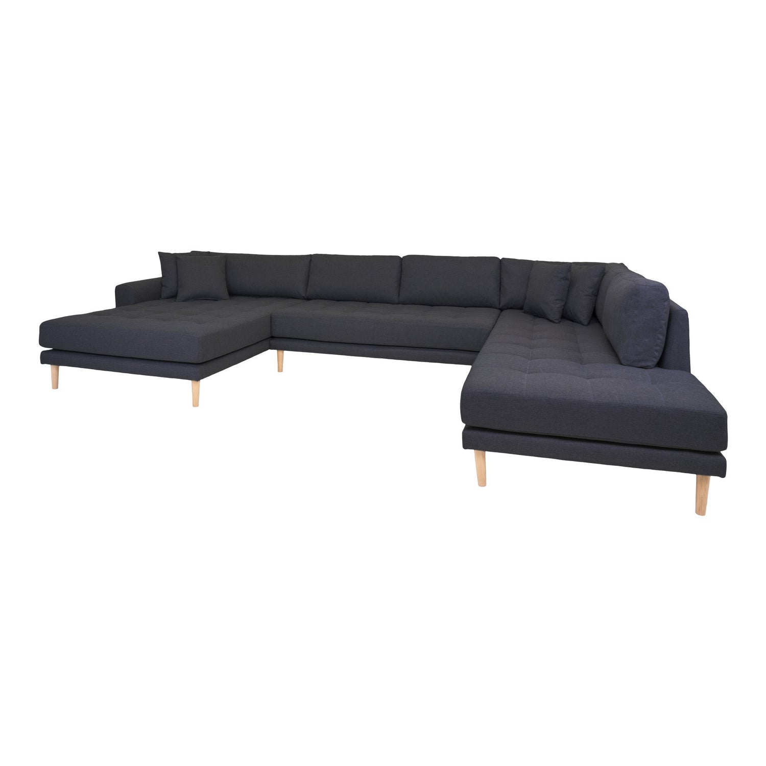Lido U-Sofa Open End-U-sofa Open End, left-wing in dark gray with four pillows and nature wooden legs, HN1002