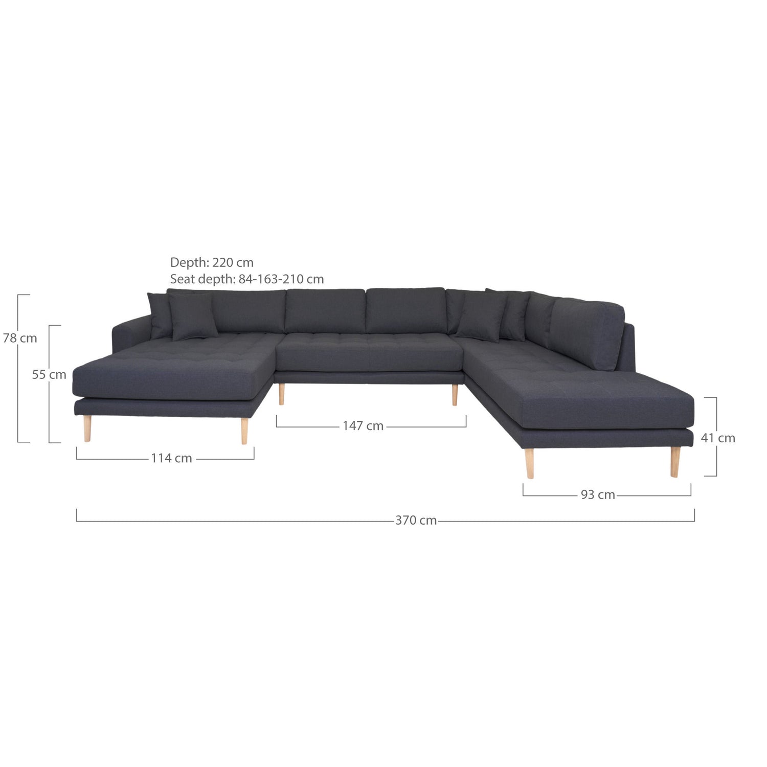 Lido U-Sofa Open End-U-sofa Open End, left-wing in dark gray with four pillows and nature wooden legs, HN1002