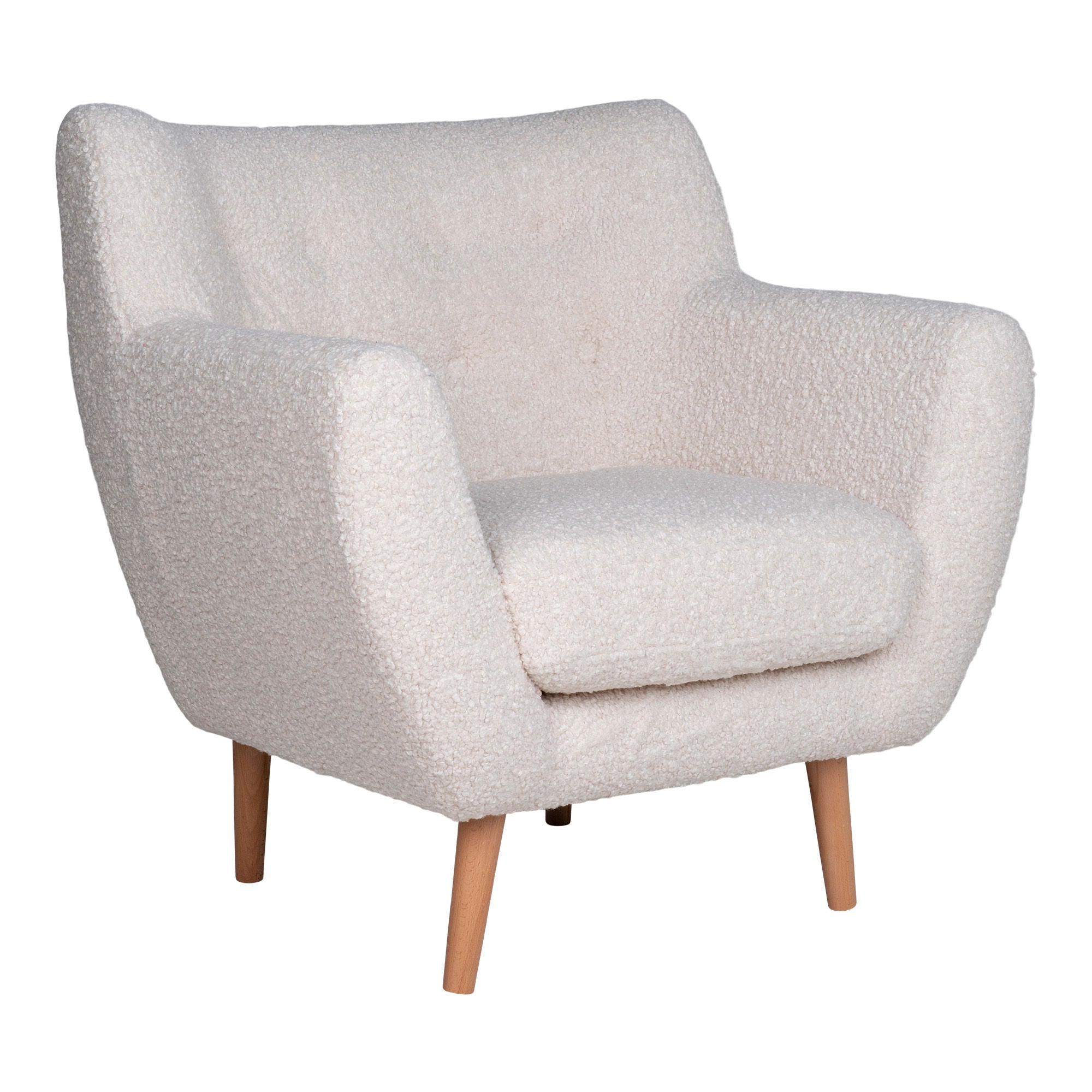 Monte armchair - armchair in artificial lambskin, white with nature wooden legs