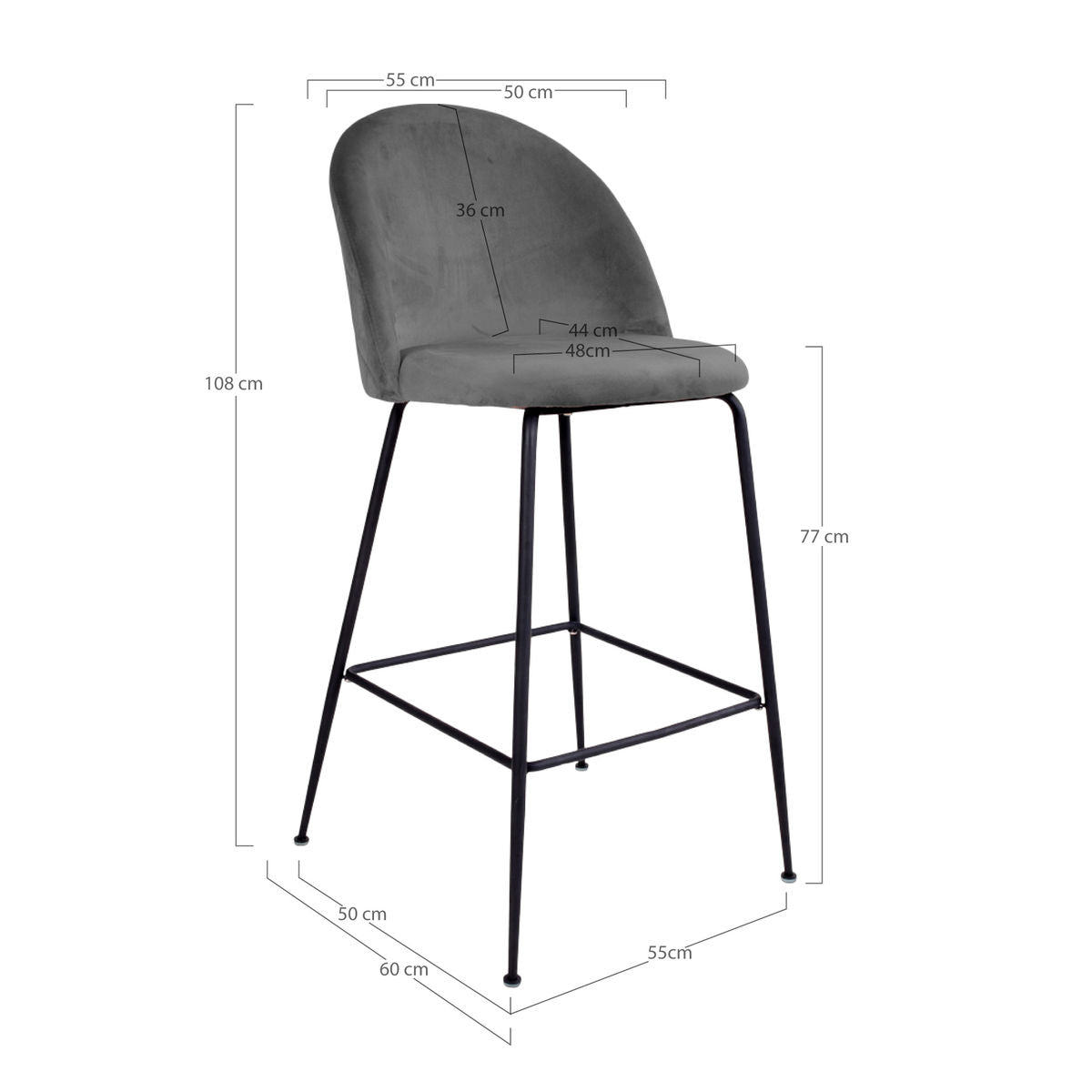 Lausanne bare chair - bar stool in velor, gray with black legs, HN1213