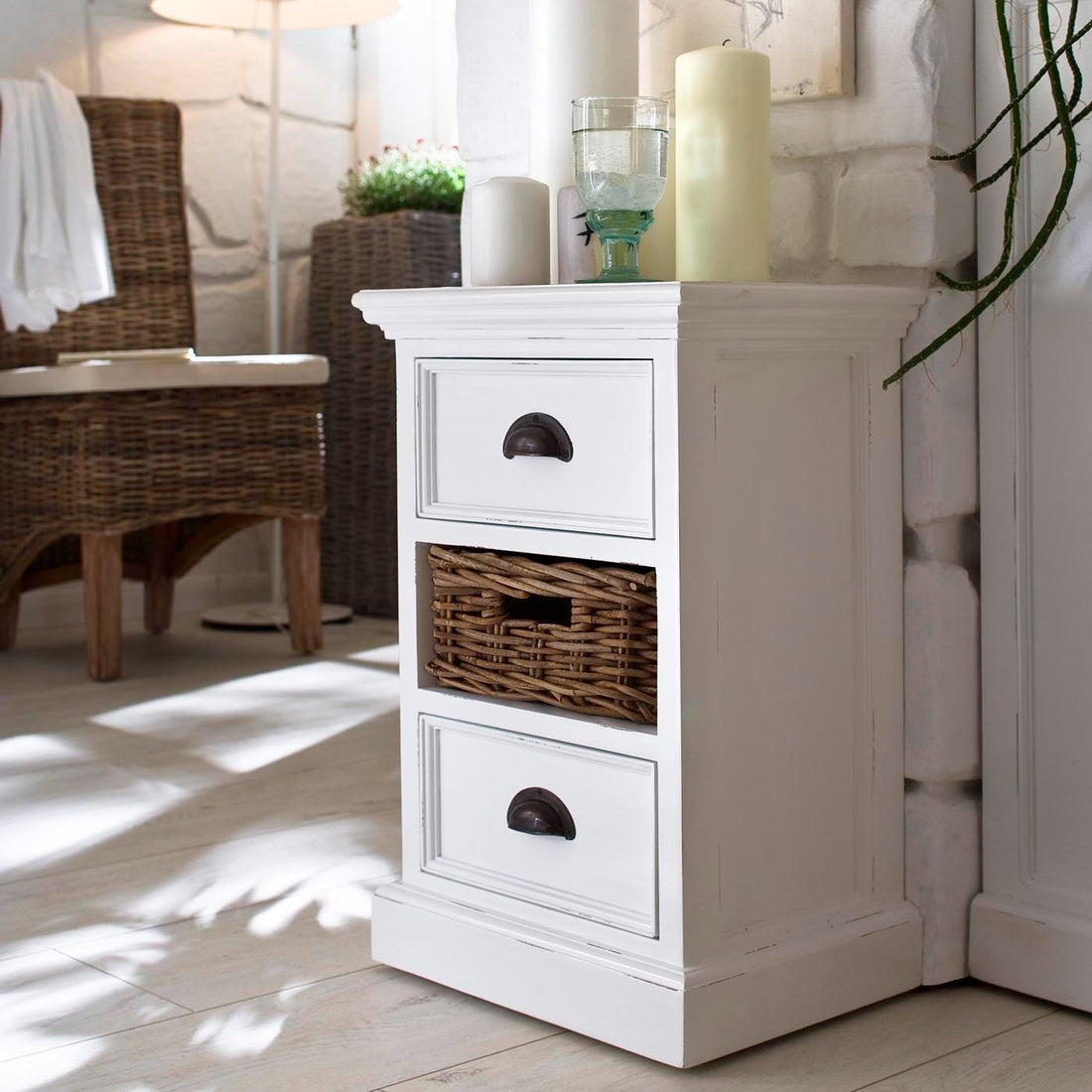 Halifax bedside table with wicker drawer