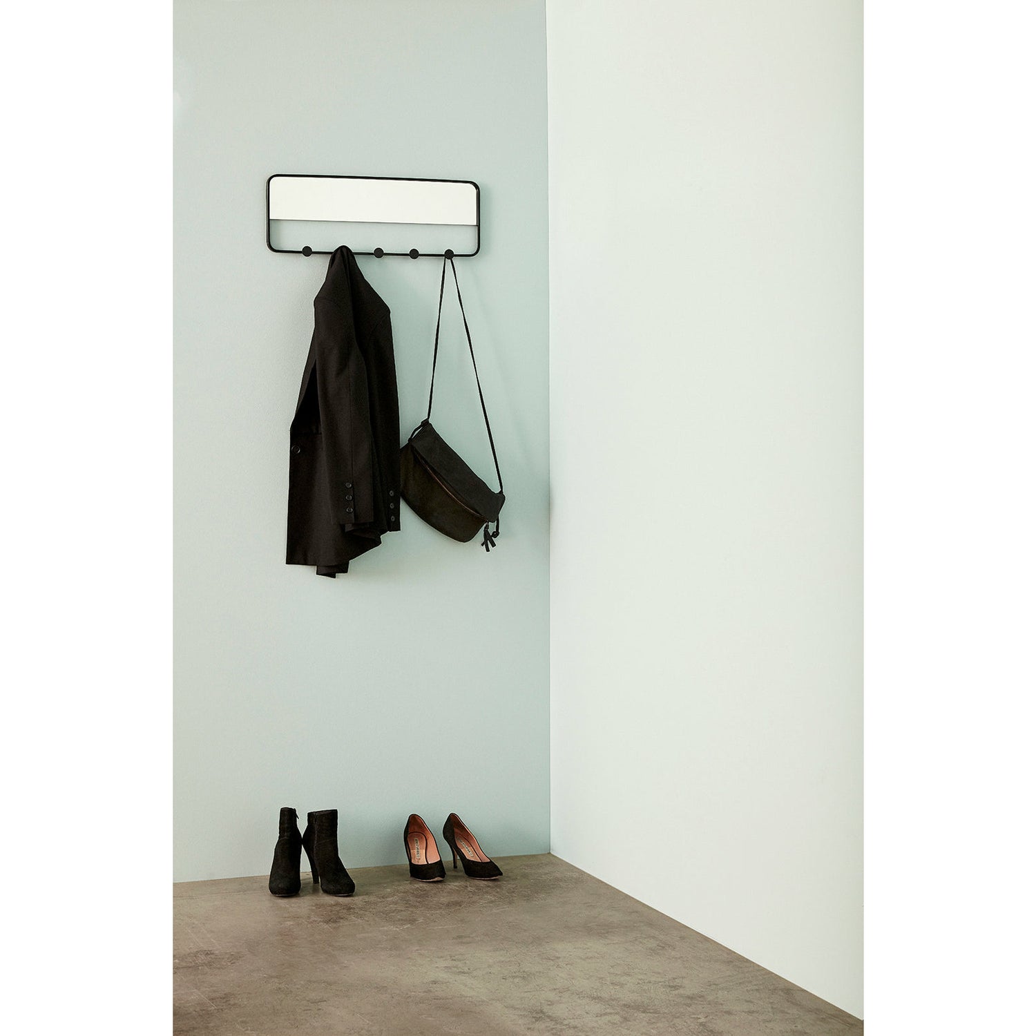 Hübsch - Knagerække m/spejl, 5 knager, metal, sort - 61xh22cm - Hübsch - DesignGaragen.dk