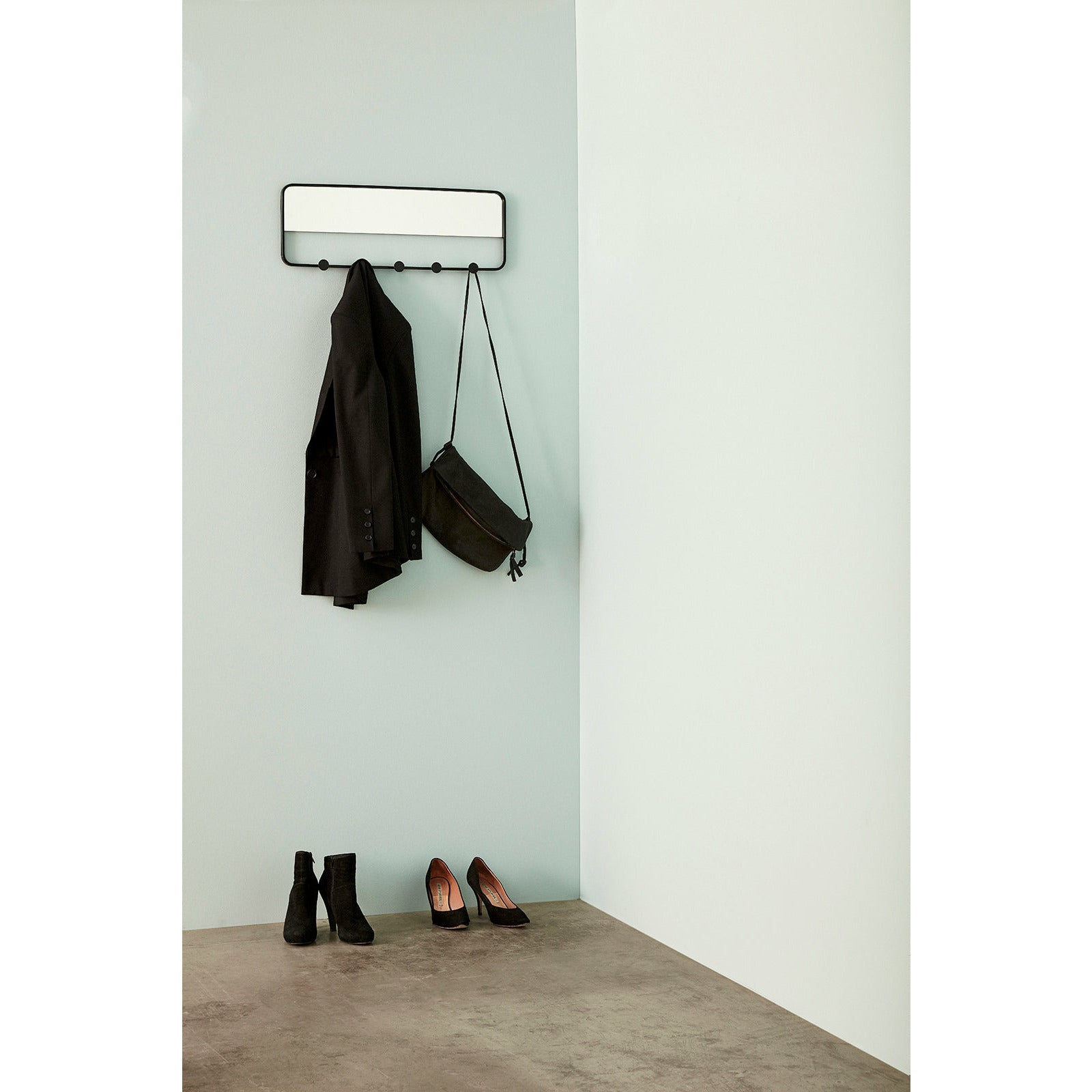 Hübsch - Knagerække m/spejl, 5 knager, metal, sort - 61xh22cm - Hübsch - DesignGaragen.dk